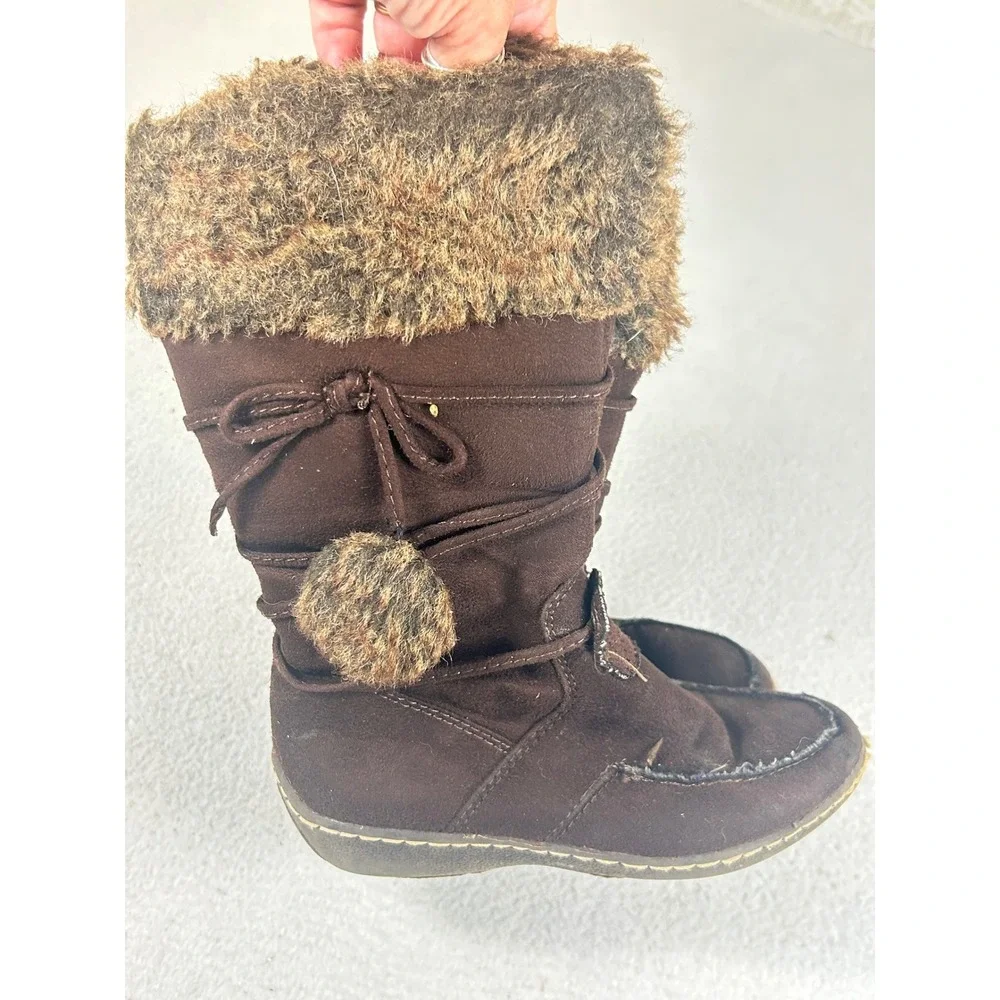 Unbranded Winter Boots Kids 12.5 Brown Faux Fur Pom Pom Cozy Cabin Snow Boots